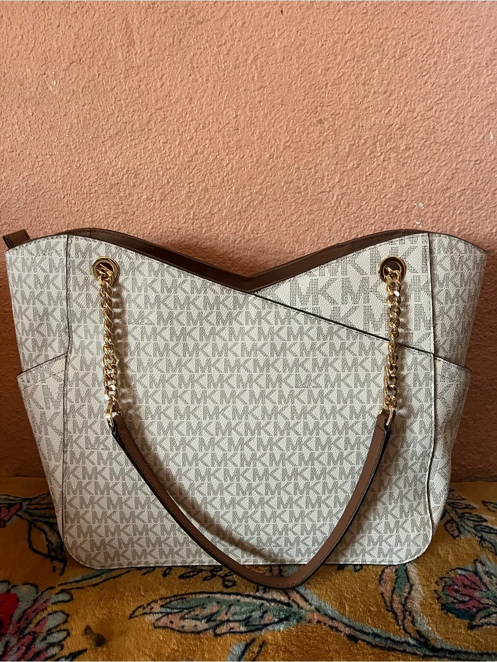 Michael Kors White and Brown MK Logo Tote with Gold Hardware